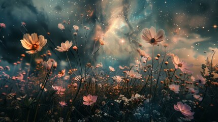Fototapeta na wymiar field of flowers on outer space background, Beautiful dreamy night landscape with field of flowers
