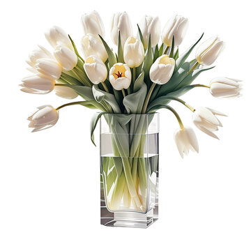 Luxurious bouquet of white tulips in a glass vase isolated on PNG background. Generative AI.