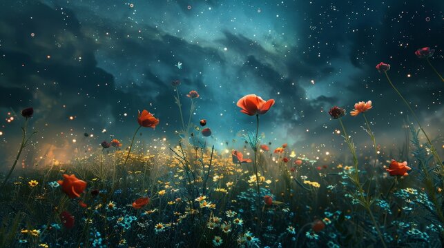 field of flowers on outer space background, Beautiful dreamy night landscape with field of flowers
