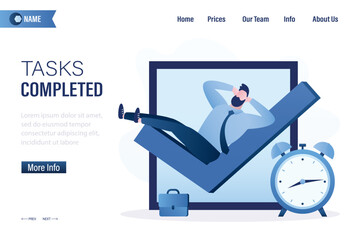 Businessman relax on complete checkmark with alarm clock. Tasks completed, landing page template. Finish work within deadline, efficiency and productivity. Tick checkbox,
