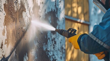 Worker in full protective gear, including safety goggles and gloves, operating the pressure washer - 752044610