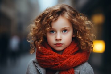 Portrait of a beautiful little girl with curly hair and red scarf