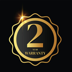 2 year warranty logo with golden shield and golden ribbon.Vector illustration.