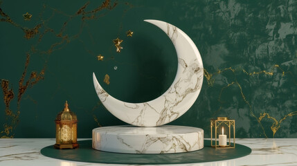 3d modern Islam podium in green background for product display with lantern, crescent moon, dates leaf, stars. White Marble podium with gold crack, texture wall. stage, pedestal, presentation, display
