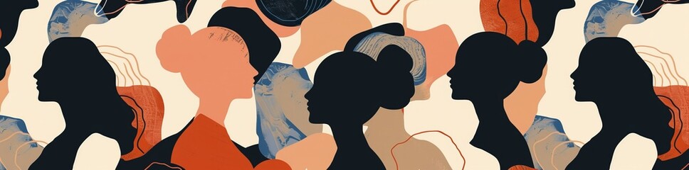 Abstract Silhouette Pattern: Beautiful Women in Bold Shapes, Navy and Dark Brown Palette, Human-Canvas Integration, Bold Colorism
