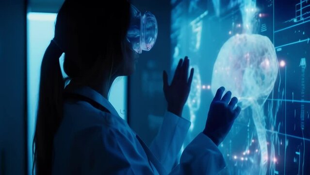 A holographic visualization of a clinical trial displays realtime data and results aiding researchers in identifying trends and potential breakthroughs.
