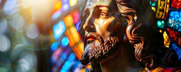 Slow progression towards detailed stained glass of vibrant Jesus, emitting radiant hues. Concept Art, Stained Glass, Jesus, Vibrant Colors, Radiant Hues