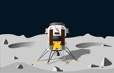 Lunar lander landing on a gray cratered landscape of the moon. Vector illustration © puckillustrations