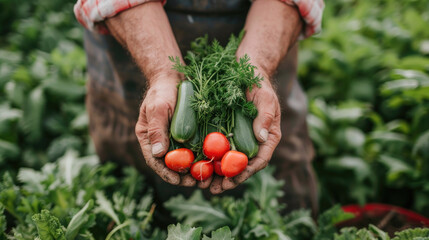 Farmer holds freshly picked vegetables in his hands. Organic farming.