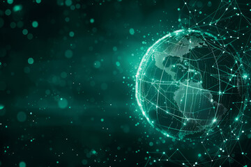 An abstract background featuring a globe surrounded by digital communication nodes and pathways, symbolizing global connectivity and digital transformation.