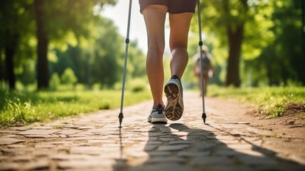 Close up of person of retirement age engaged in Nordic walking in the park, healthy lifestyle - Powered by Adobe
