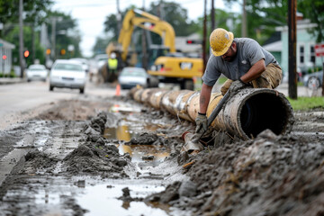 Man working to restore water pipes in New Orleans - obrazy, fototapety, plakaty
