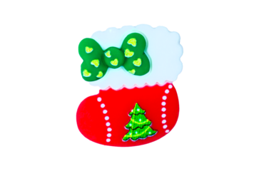 Red New Year's sock Christmas boot with green bow Cartoon style  Funny plasticine ornament Xmas design Decoration element