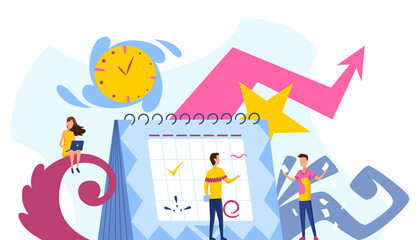 People planning concept. Entrepreneurship and calendar schedule planning with filling course campaign. Business meeting and events organizing process, office working. Vector cartoon illustration