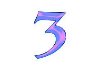 Number 3 isolated on a transparent background, hologram effect in blue and lilac tones