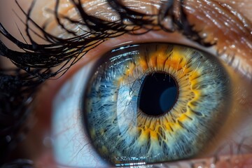 Extreme Close-Up of Human Eye: Intricate Iris Patterns in Yellow and Blue, Dark Pupil, Long Eyelashes, Reflection on Eye Surface, Capturing the Beauty and Complexity of Human Vision