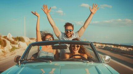 Group of friends driving convertible car on the road with arms up having fun - obrazy, fototapety, plakaty
