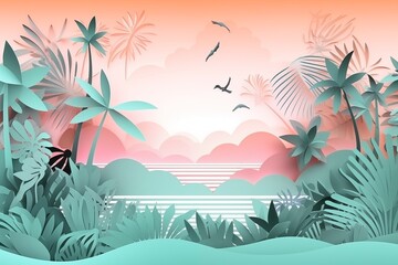 Fototapeta na wymiar Tranquil Tropical Papercut Sunset: Artistic rendering of a serene tropical scene with palm trees, ferns, and birds against a soft-hued sunset