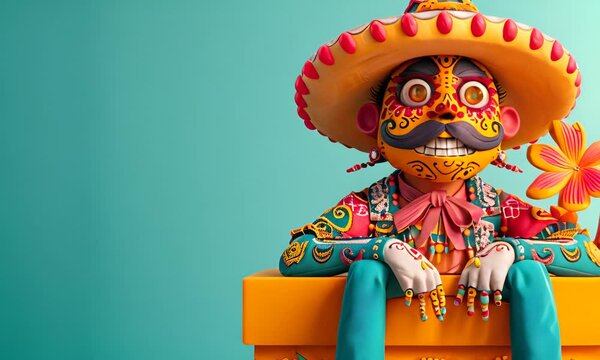 Colorful Day of the Dead style statue on a blue background. The concept of Mexican holiday.