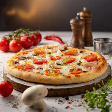 トマトとマッシュルームのピザ、食材と調味料の写真、高品質で高画質