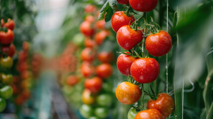 Fresh ripe cherry tomatoes growing in hydroponics vertical farm - obrazy, fototapety, plakaty