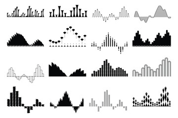Obraz premium Black sound waves set, audio digital equalizer technology. Voice line waveform, volume level symbol. Musical pulse vector Illustrations on white background