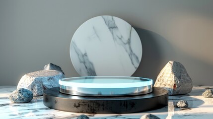 A round glass display stand sits on the surface of the water. Captures and distorts ambient light Suitable for displaying products and advertising