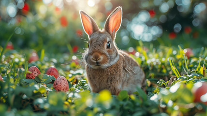 Easter bunny enjoys sunshine: Cute rabbit in grass.