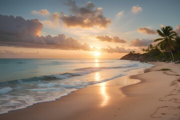 A captivating sunset blending with the calm sea among shadowy trees.