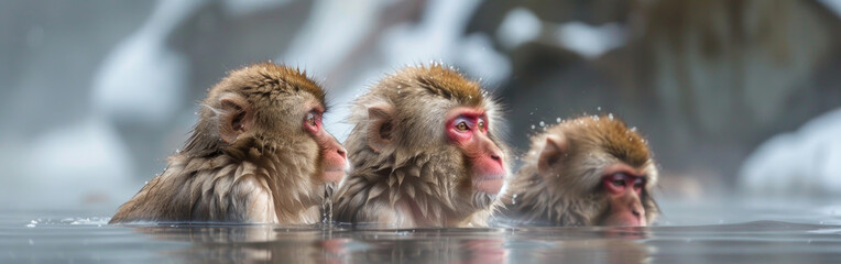 Snow monkeys, Japanese macaque relaxing in a hot spring pool
