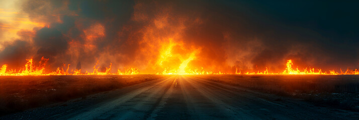 An empty road shrouded in smoke and fire, the view from a car window, burnt grass on the side of an empty road. Banner.