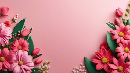 Beautiful 3d  pink flowers with free space for text on pink background, Women`s Day, Mother Day