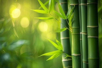 Sunlight bokeh through a lush bamboo grove highlighting the fresh green leaves and the tall sturdy stalk of the tree natural forest