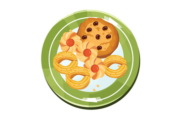 Choco Cookies, Jam Cookies, And Custard Butter Cookies Are Presented On Green Plates | Eid Al-Fitr Snack