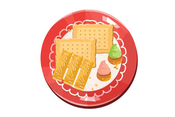 Cracker Biscuits, Kasstengel Cookies And Gem Rose Cookies Are Presented On Red Plates | Eid Al-Fitr Snack