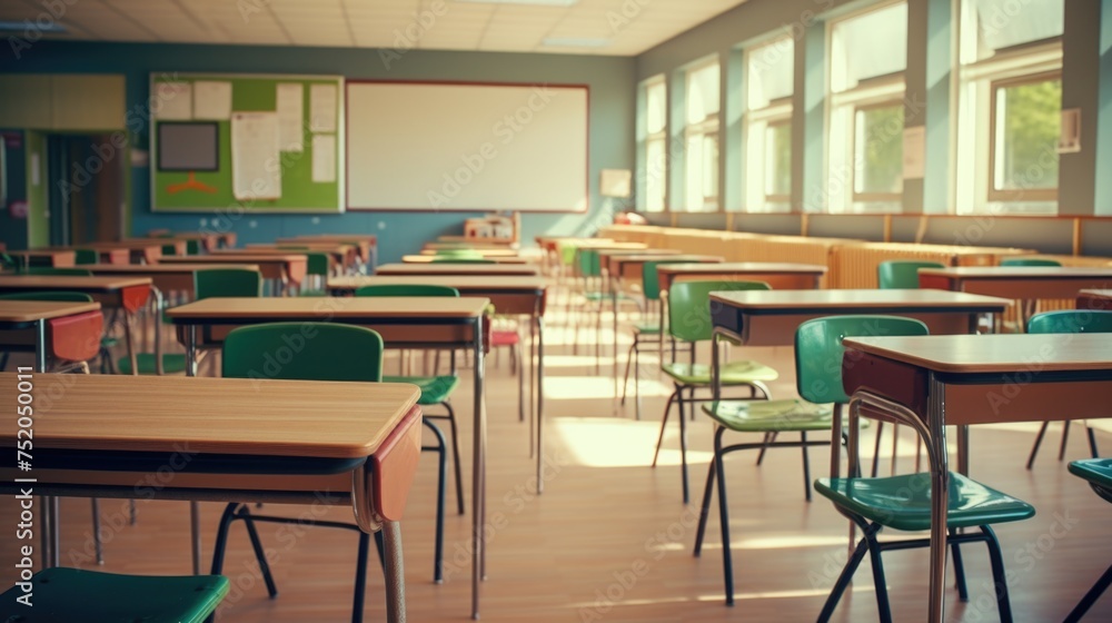 Poster a classroom filled with desks and green chairs. suitable for educational and school-related projects