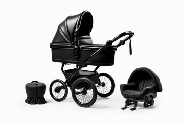 A black stroller and baby carriage on a clean white background. Suitable for parenting or childcare concepts
