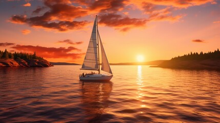 Fototapeta premium A sailboat floating on water at sunset. Suitable for travel and leisure concepts