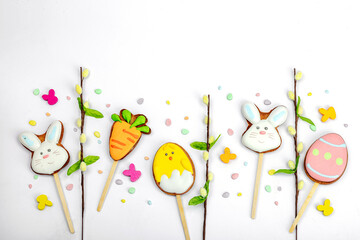 Traditional Happy Easter cookies, festive edible decor. Homemade baking concept, cute sweets
