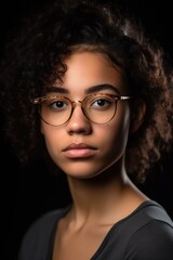 Fototapeta na wymiar young mixed race woman wearing glasses against a dark background