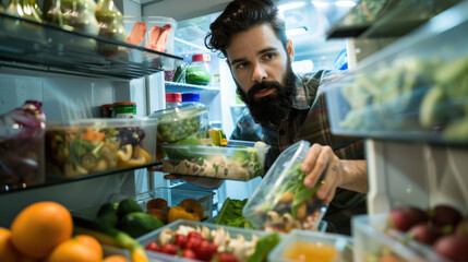 View Looking Out From Inside Of Refrigerator As Man Takes Out Healthy Packed Lunch In Container - obrazy, fototapety, plakaty