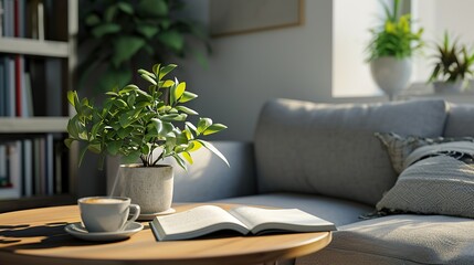 Modern living room interior, reading a book and drinking a coffee, plant, 3d illustration, created with ai generative technology. copy space for text.