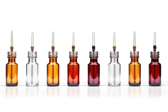 Small bottles with various colored liquids, suitable for scientific or educational concepts