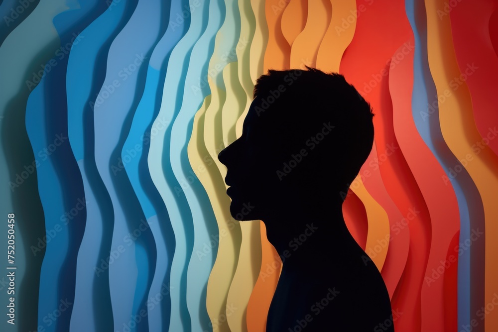 Poster silhouette of a person in front of a vibrant colored wall, suitable for various creative projects