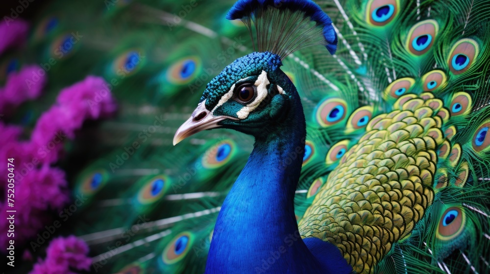 Poster close up of a peacock with its feathers spread. ideal for nature and wildlife themes