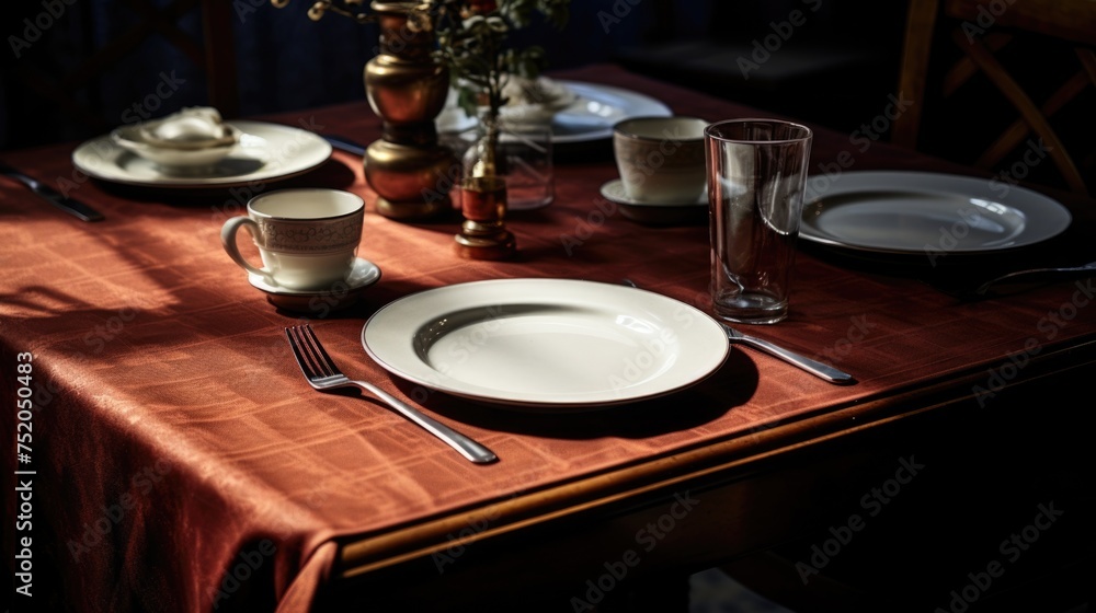 Poster Table set with plates and silverware, perfect for dining concepts