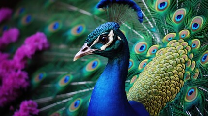 Obraz premium Close up of a peacock with its feathers spread. Ideal for nature and wildlife themes