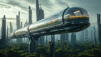 Monorail train, futuristic design, elevated road against the sky with silhouettes of skyscrapers in the background, Lots of vegetation. Eco-friendly city.
