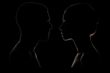 Silhouettes of a man and a woman standing face to face. Ideal for relationship or communication concepts