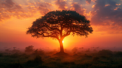 A captivating sunrise paints the savanna landscape, casting a golden glow and silhouetting a lone...
